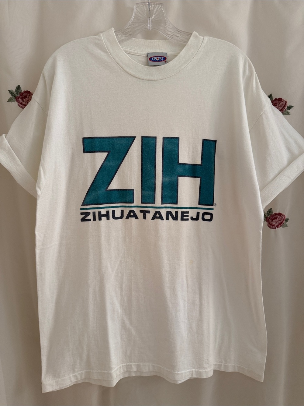 Vintage (80s) White Tee with Teal Zihuatanejo Graphic